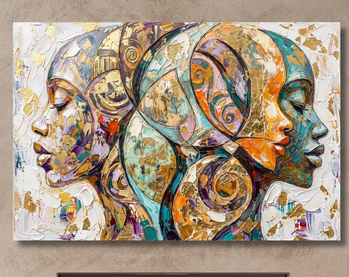 Abstract African Faces Canvas Print, Afrocentric Gold Leaf Wall Art, Black Woman Profile Painting