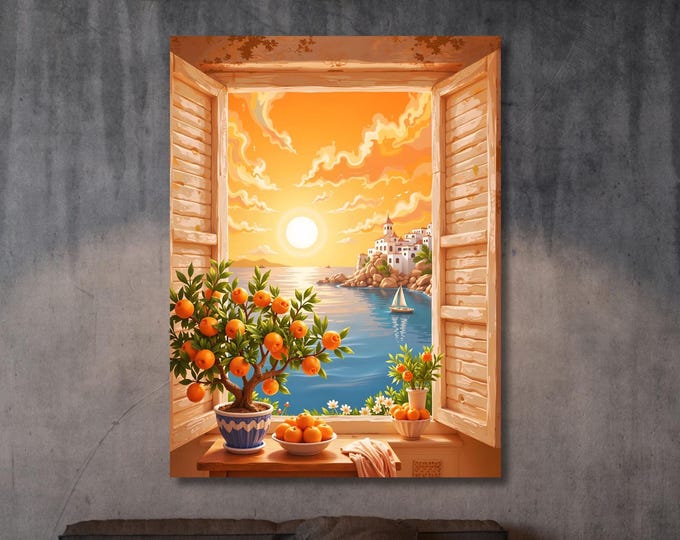 Matisse Style Sun and Orange Canvas, Colorful Window Art, Abstract Fruit Wall Decor for Kitchen, Sunrise Modern Interior Print Gallery Art