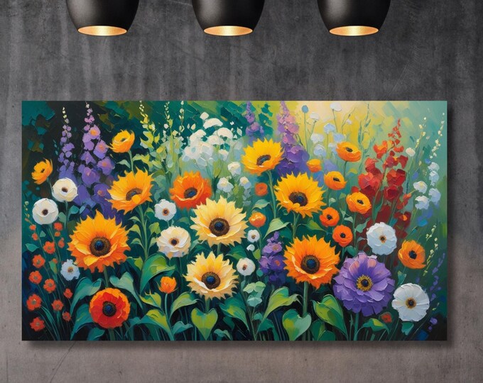 Klimt Style Flower Garden Canvas Wall Art – Colorful Botanical Print – Nature Inspired Bedroom or Living Room Wall Decor Ready to Hang art