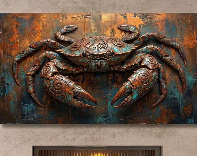 Crab Wall Art, Metallic Tribal Sea Life Canvas, Coastal Beach House Decor