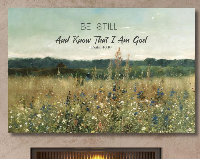 Scripture Wall Art Be Still And Know That I Am God, Psalm 46:10 Farmhouse Wildflowers Field  Canvas Wall Art