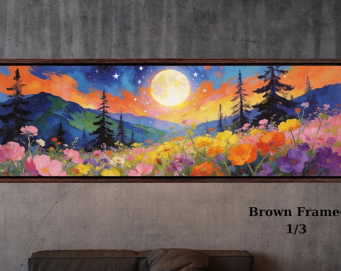 Panoramic Sun Landscape Canvas Art, Japanese Mid Century Japandi Print, Living Room Decor