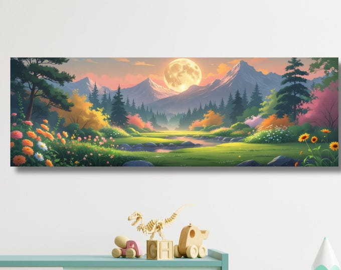Full Moon Wildflower Canvas, Flower Garden Flower Market canvas, Moonlit Pine Tree Forest wall Art, Rustic Mountain Art, Woodland Klimt Gift