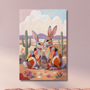 Talavera Jackrabbits Desert Canvas Print Farmhouse Wall Art Eclectic Boho Decor Retro Texas Nature Artwork Vintage Animal Wall Accent Art