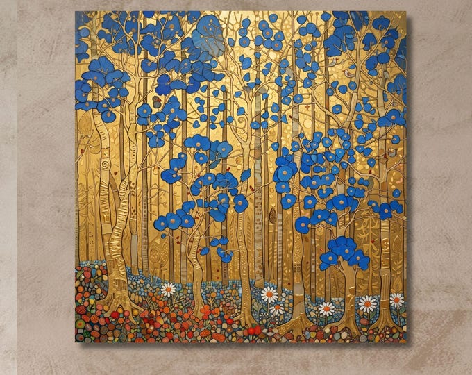 Klimt Style Gold Blue Forest Print, Art Nouveau Birch Tree Floral, Luxury Living Room Square Decor