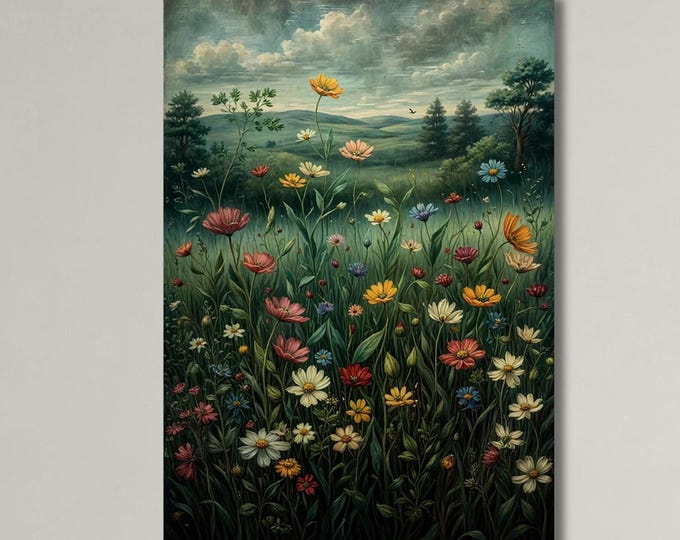 Klimt Style Wildflower Field Canvas Sign, Vintage Botanical Landscape Floral Decor