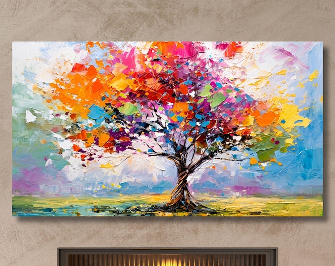 Colorful Tree Canvas Wall Art, Palette Knife Painting Print, Rainbow Autumn Tree Decor, Abstract Impasto Nature Wall Art