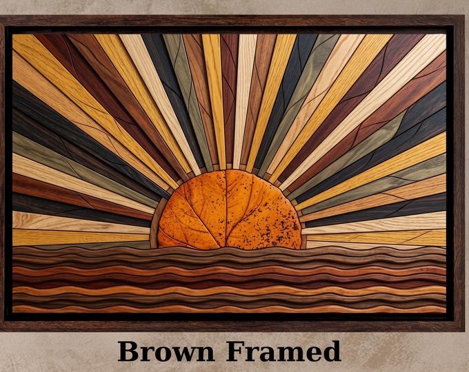 Wood Sunset Ocean Wall Art, Coastal Waves Artwork, Framed Nature Print