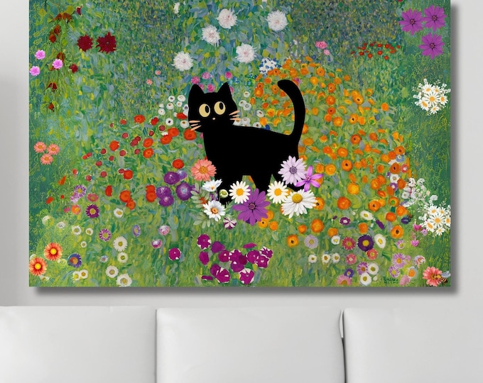 Klimt Black Cat In A Garden  Canvas Wall Art cat garden Ready To Hang Canvas Wall Art,Gustav Klimt Canvas Print Flower Garden Flower Market
