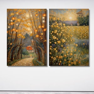 Conjunto de 2 lienzos de paisaje de flores silvestres de Gustav Klimt, arte de pared grande de Klimt, arte vintage, arte verde, regalo, decoración de pared, impresión de campos de amapolas.