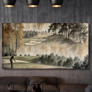 Tall Narrow Art Golfers gift Vintage Golfers Landscape Framed Canvas Print Rustic Wall Art, Golf Art, Horizontal Wall Art, Living Room Art