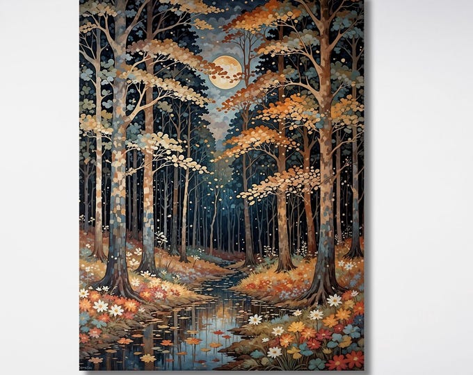 Full Moon Wildflower Canvas, Flower Garden Flower Market canvas, Moonlit Pine Tree Forest wall Art, Rustic Mountain Art, Woodland Klimt Gift