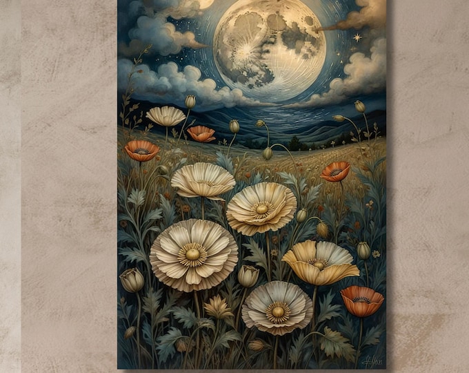 Full Moon Wildflower Canvas, Flower Garden Flower Market canvas, Moonlit Pine Tree Forest wall Art, Rustic Mountain Art, Woodland Klimt Gift