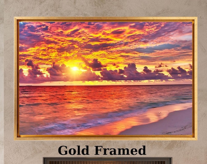 Dramatic Ocean Sunset Print, Fiery Red Sky Beach Seascape, Coastal Living Room Framed or Poster Wall Decor