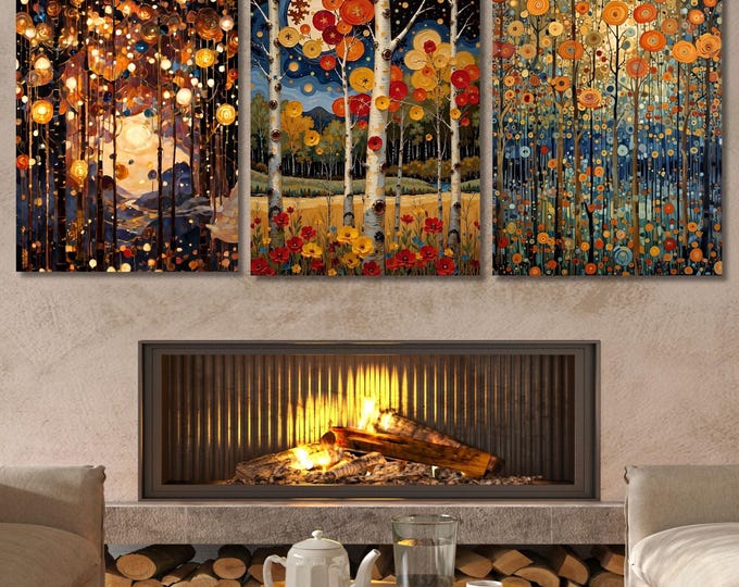 Set of 3 Gustav Klimt Night Canvas Wall Art Klimt style Klimt Moon Stars Canvas Wall Art Modern Living Room Gold Flowers Night Sky wall art