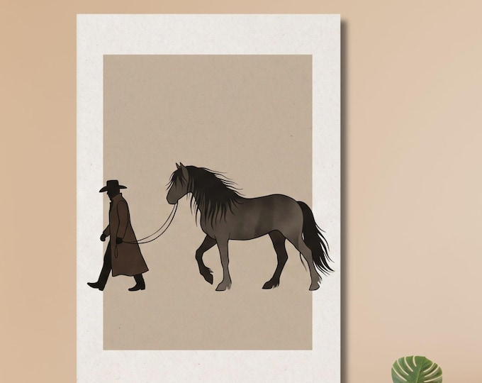 Minimalist Western Silhouette Artwork, Large Neutral Ranch Contemporary Decor Modern Cowgirl and Horse Wall Art