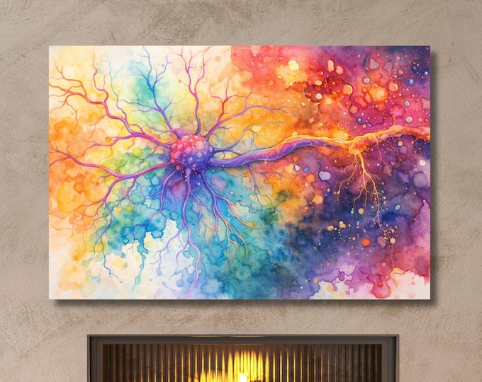 Brain Anatomy Canvas, Watercolor Neuron Canvas Splash Art (Ready to Hang)