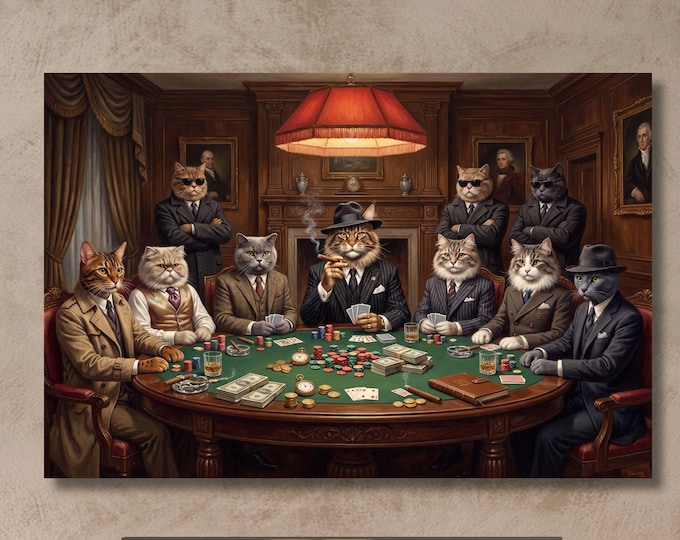 Cats Playing Poker, Mafia Theme Canvas Art | Satin Varnish Print,