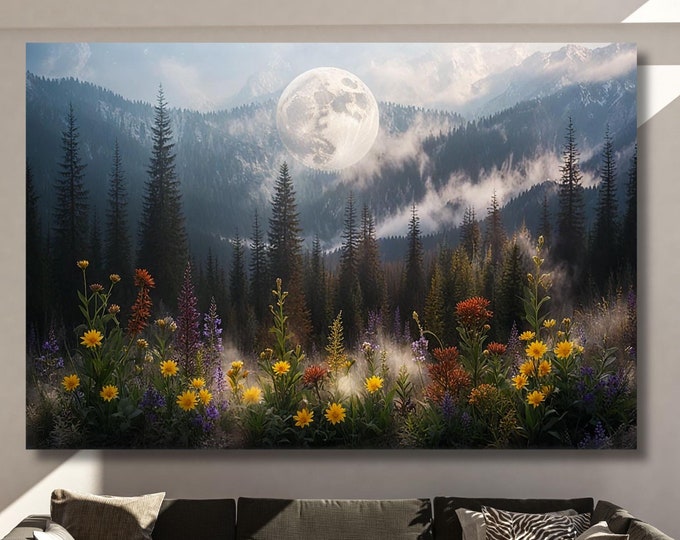Moonlit Pine Tree Forest Canvas wall Art, Flower Garden Flower Moon art, Full Moon Wildflower Print, Rustic Mountain Art,Woodland Klimt Gift