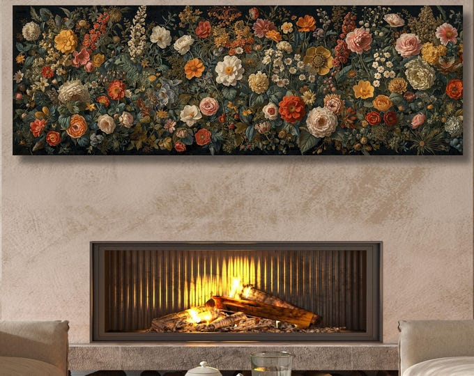 Floral Panorama Canvas Art, Moody Botanical Wildflower Wall Decor, Framed Garden Print Ready to Hang, Large Horizontal Flower Poster Art