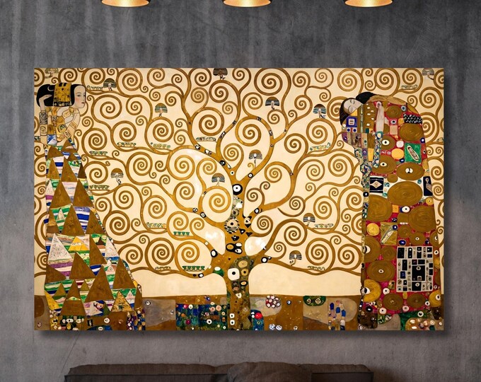 Modern Klimt Style Tree of Life Canvas Art, Gold Abstract Tree Mural, Contemporary Art Nouveau Decor, Unique Masterpiece Print