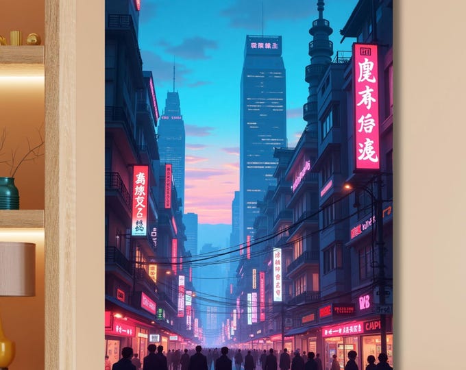 Neon Tokyo Canvas Wall Art Sun Tokyo Print, Japanese Inspired City Art, Anime City Art, Framed Printed Canvas Art, Vaporwave City Wall Art