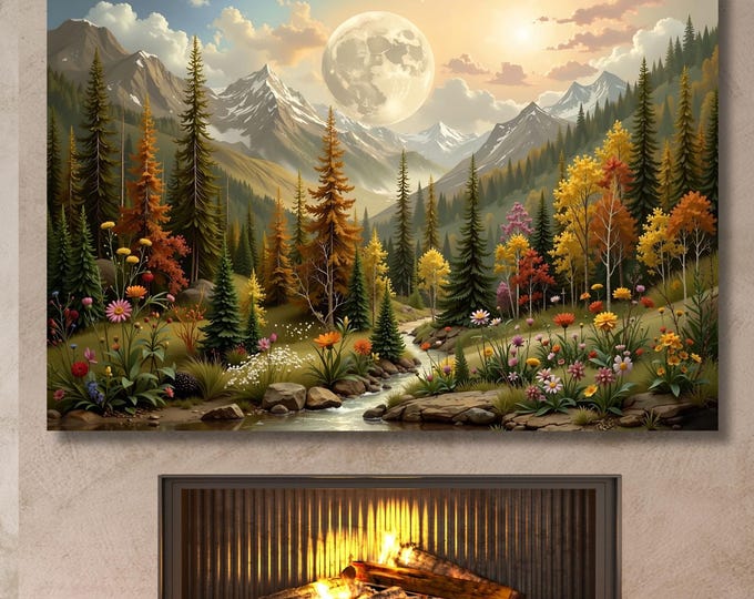 Flower Garden Flower Moon canvas, Moonlit Pine Tree Forest wall Art, Full Moon Wildflower Print, Rustic Mountain Art, Woodland Klimt Gift