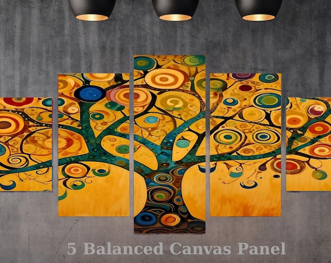 Tree of Life Canvas Wall Art: 5 Piece Klimt Style Gold Panels