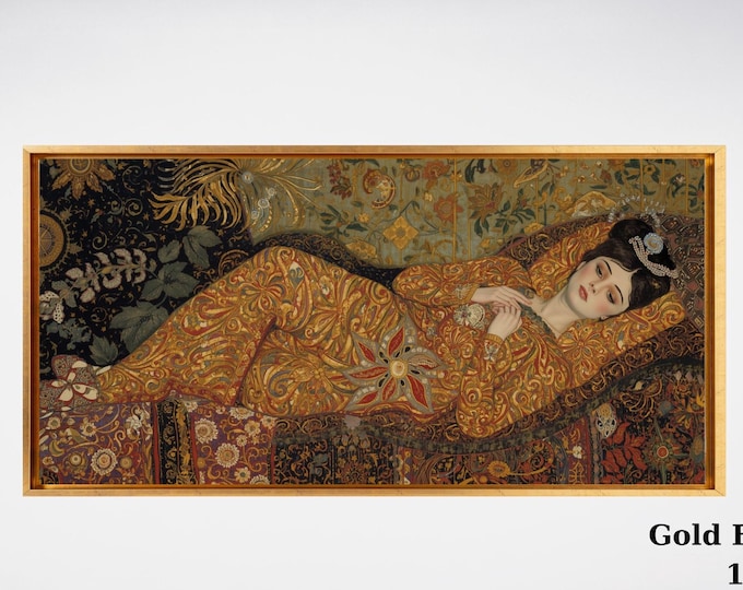 Klimt Style Reclining Woman Canvas Wall Art – Elegant Art Nouveau Female Portrait Poster/Ready to Hang