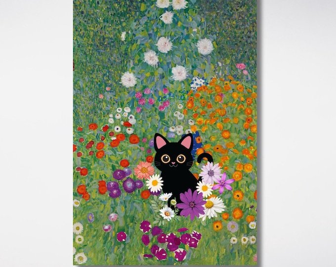 Klimt Black Cat In A Garden  Canvas Wall Art cat garden Ready To Hang Canvas Wall Art,Gustav Klimt Canvas Print Flower Garden Flower Market