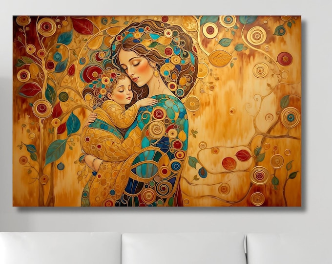 Gustav Klimt Mother and Child Canvas Print, Floral Art Reproduction