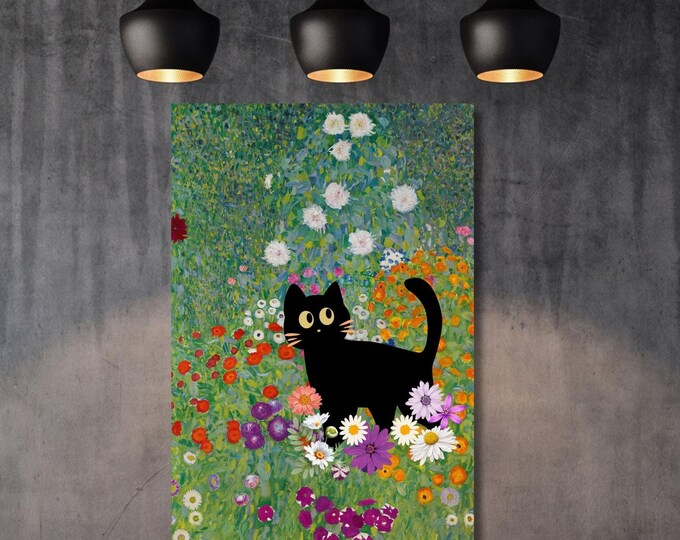 Klimt Black Cat Canvas Print: Flower Garden Wall Art (Ready to Hang)