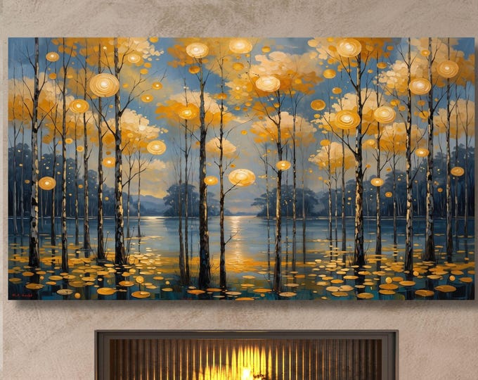 Klimt Forest Lake Canvas Print, Blue Yellow Magical Tree Reflection, Panoramic Bedroom Wall Decor