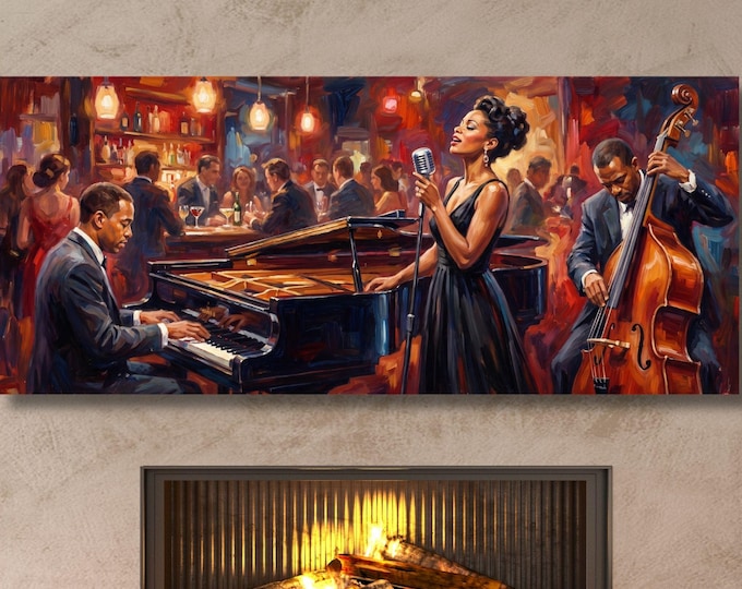 Over the Sofa Jazz Statement Canvas, Large Panoramic Living Room Music Decor, Warm Tone Jazz Lounge Poster, Executive Office Decor