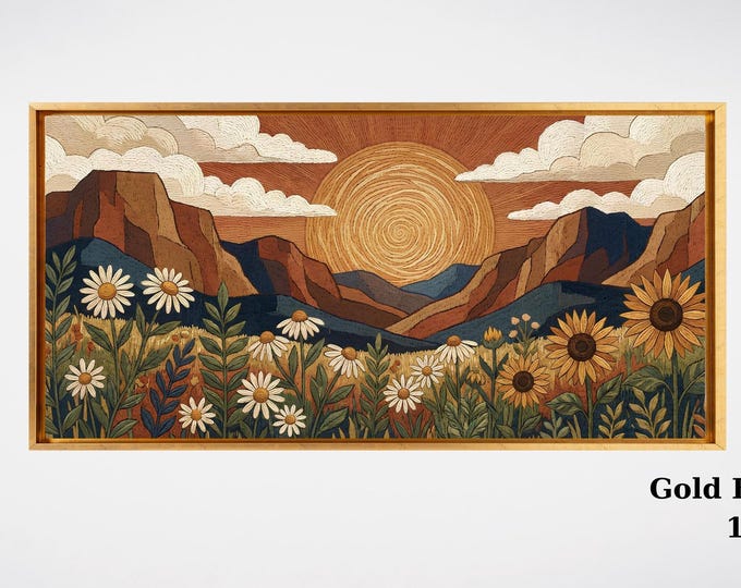 Panoramic Boho Mountain Landscape Canvas Wall Art, Framed Canvas Japanese Style Mid Century Exhibition Large Modern Living Room Decor