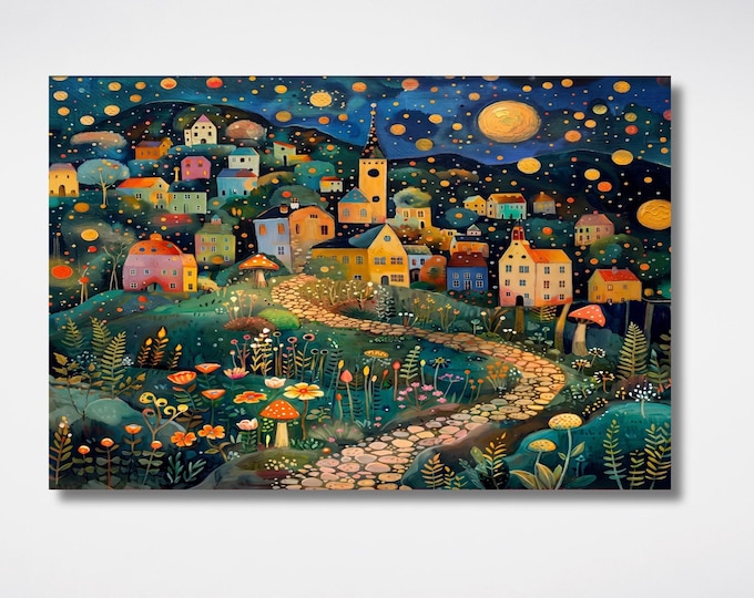 Klimt Style Whimsical Night Village Canvas Wall Art – Moonlit Forest Landscape Fantasy Decor