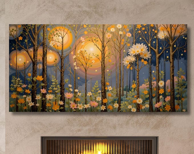 Moonlit Forest Canvas Art: Wildflower Painting, Vintage Style