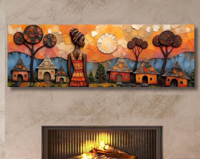 Panoramic Traditional African Village Scene Canvas Wall Art Cultural Canvas Wall Art Unique Gift Home Decor Ethnic Afrocentric Wall Art gift