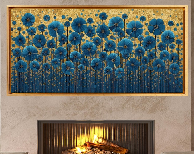 Gustav Klimt Blue Floral Canvas Wall Art, Elegant Flower Garden Print, Art Nouveau Style Home Decor, Vintage Botanical Wall Ready to Hang