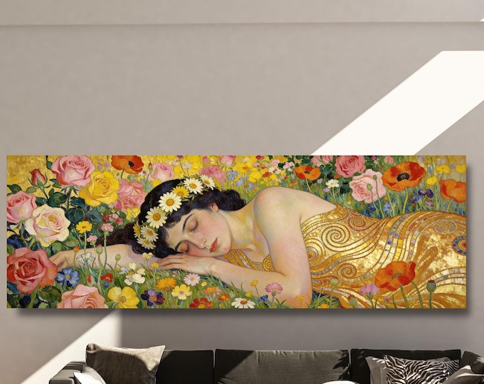 Klimt style Sleeping Woman in a wildflowers Narrow Canvas Print, Tall Vertical Wall Art