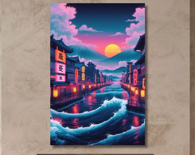 Neon Tokyo Canvas Wall Art Sun Tokyo Print, Japanese Inspired City Art, Anime City Art, Framed Printed Canvas Art, Vaporwave City Wall Art