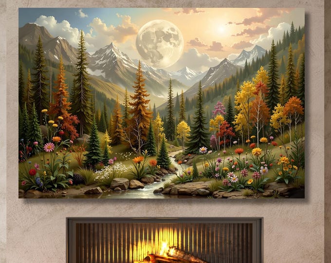 Klimt Flower Moon Canvas: Moonlit Pine Forest Print