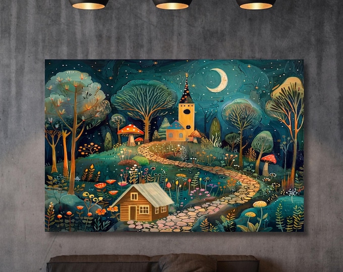 Klimt Style Whimsical Night Village Canvas Wall Art – Moonlit Forest Landscape Fantasy Decor