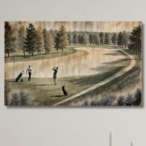 Tall Narrow Art Golfers gift Vintage Golfers Landscape Framed Canvas Print Rustic Wall Art, Golf Art, Horizontal Wall Art, Living Room Art