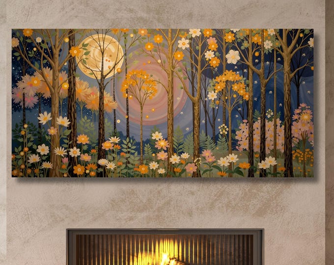 Moonlit Forest Canvas Wall Art: Vintage Wildflower Painting