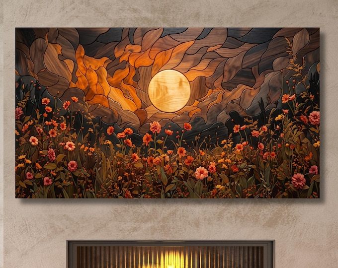 Faux Wood Look Sunset Canvas Wall Art Wildflower Canvas Print Stained Glass Wood Style Landscape Artwork Floral Decor Rustic Wall Hanging