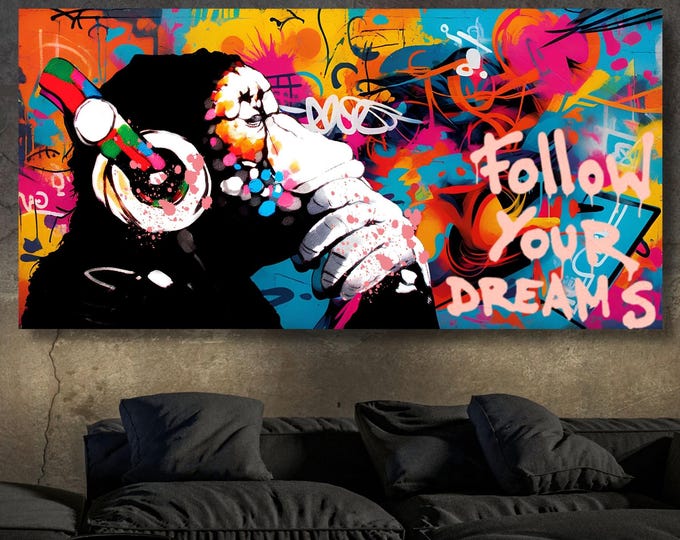 Banksy DJ Monkey Canvas Wall Art Banksy Thinking Monkey Music Thinker Graffiti Wall Art Extra Large Wall Art Gorilla Chimp Ready to Hang