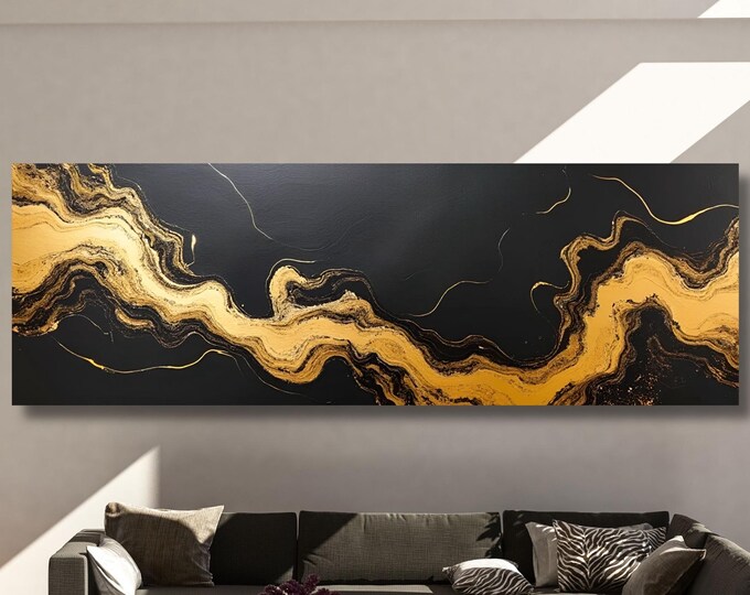 Panoramic Abstract Canvas Wall art, White Yellow blue Marble Canvas, Luxury Art, Abstract Decor, Abstract wall art Canvas, Contemporary Art