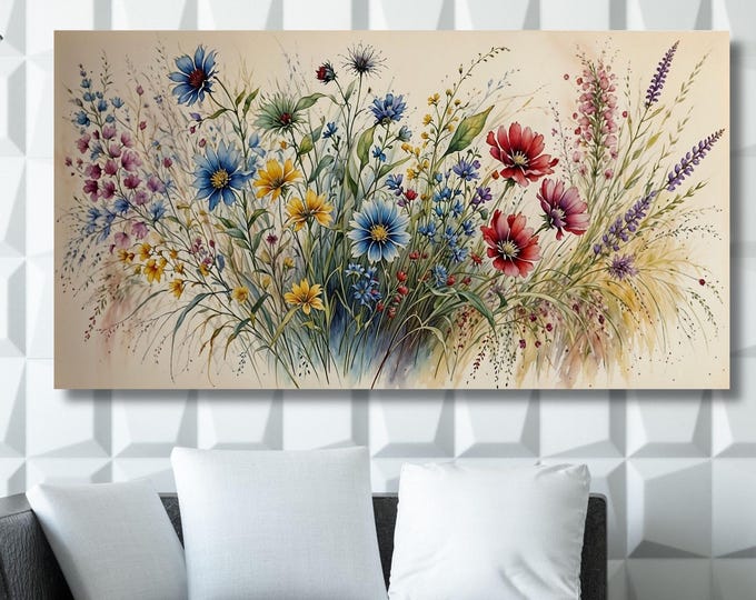 Watercolor Floral Framed Canvas Wall Art Landscape Elegant Natural Wall Art Beautiful Wildflowers, Wild Flower Art,Rustic Farmhouse Decor