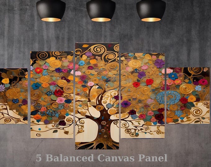5 Piece Gold Tree of Life Canvas Set, Klimt Style Red Roses & Blue Irises Wall Art, Multi Panel Framed Luxury Decor, Large Floral Mural Gift